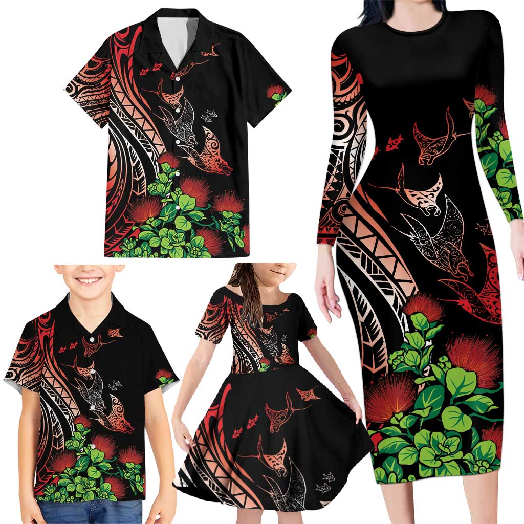 Aloha Hawaii Manta Rays Family Matching Long Sleeve Bodycon Dress and Hawaiian Shirt Red Ohia Lehua LT7 - Polynesian Pride