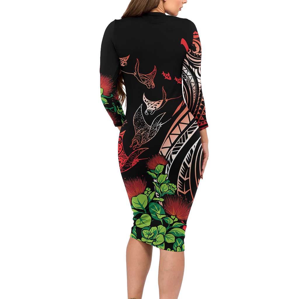 Aloha Hawaii Manta Rays Family Matching Long Sleeve Bodycon Dress and Hawaiian Shirt Red Ohia Lehua LT7 - Polynesian Pride
