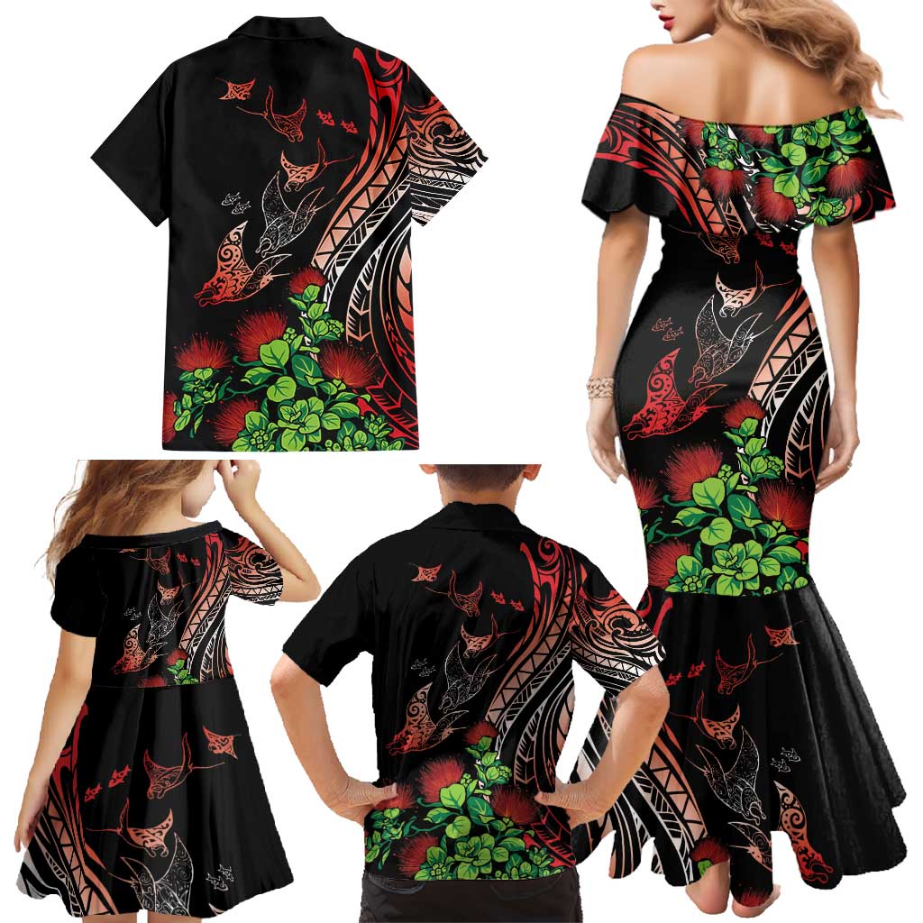 Aloha Hawaii Manta Rays Family Matching Mermaid Dress and Hawaiian Shirt Red Ohia Lehua LT7 - Polynesian Pride