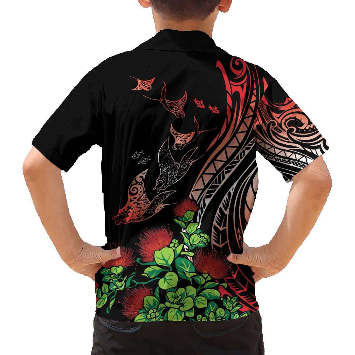 Aloha Hawaii Manta Rays Family Matching Off The Shoulder Long Sleeve Dress and Hawaiian Shirt Red Ohia Lehua LT7 - Polynesian Pride