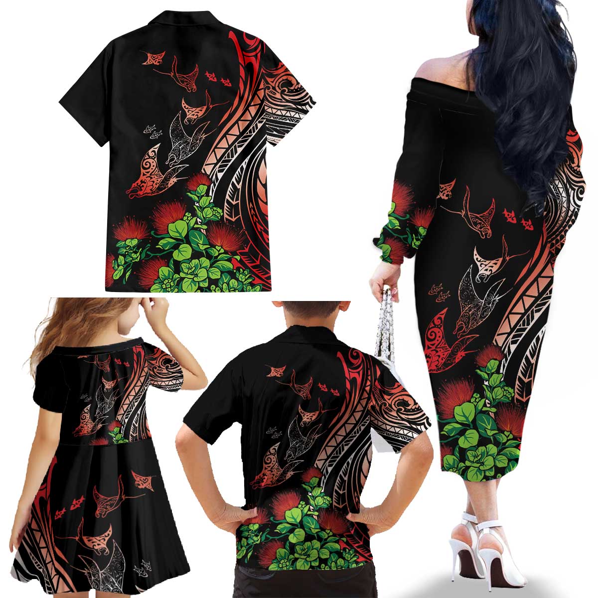 Aloha Hawaii Manta Rays Family Matching Off The Shoulder Long Sleeve Dress and Hawaiian Shirt Red Ohia Lehua LT7 - Polynesian Pride
