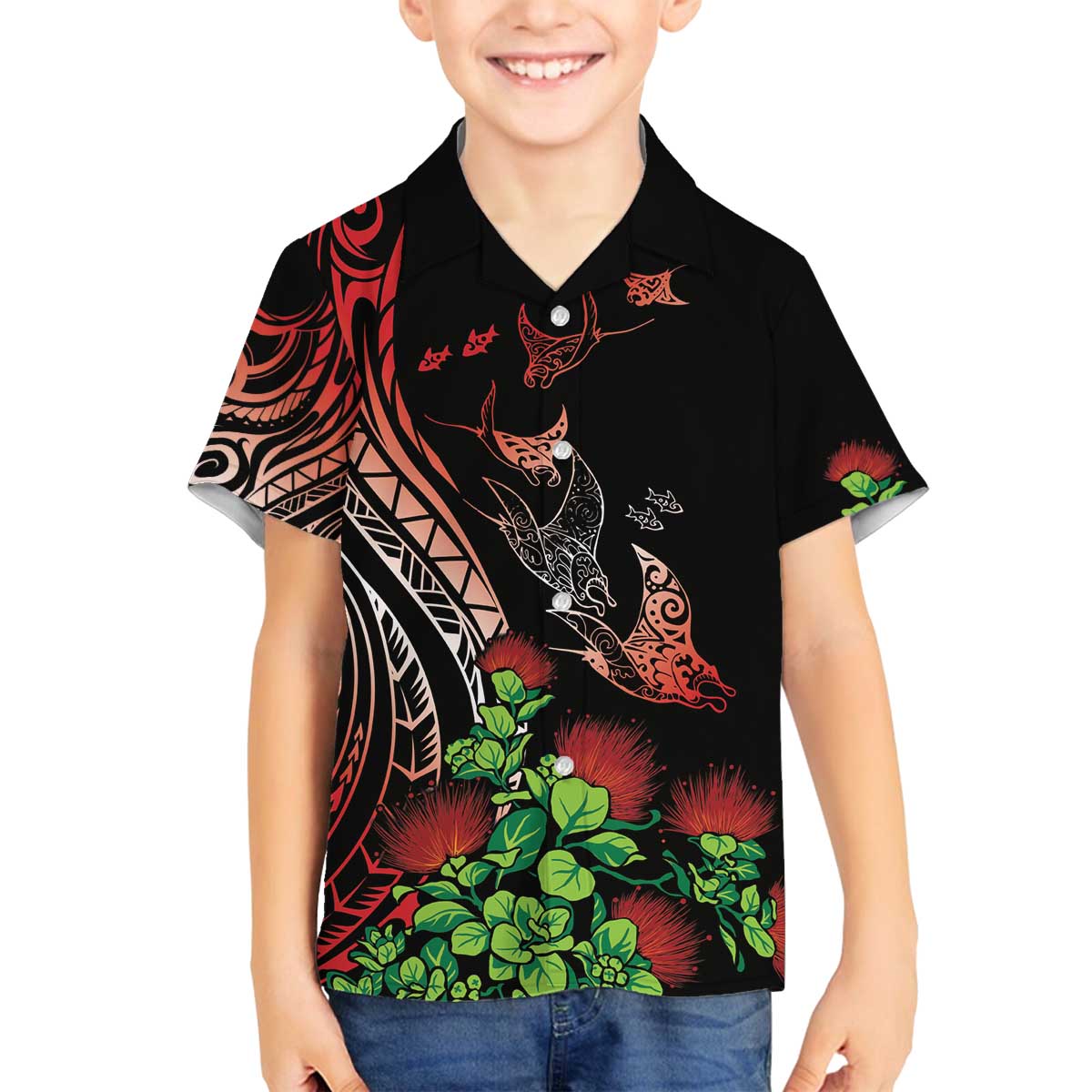 Aloha Hawaii Manta Rays Family Matching Off The Shoulder Long Sleeve Dress and Hawaiian Shirt Red Ohia Lehua LT7 Son's Shirt Red - Polynesian Pride