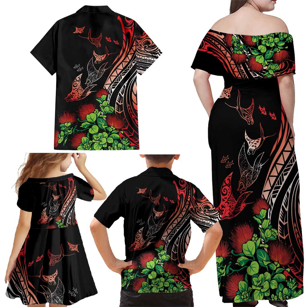 Aloha Hawaii Manta Rays Family Matching Off Shoulder Maxi Dress and Hawaiian Shirt Red Ohia Lehua LT7 - Polynesian Pride