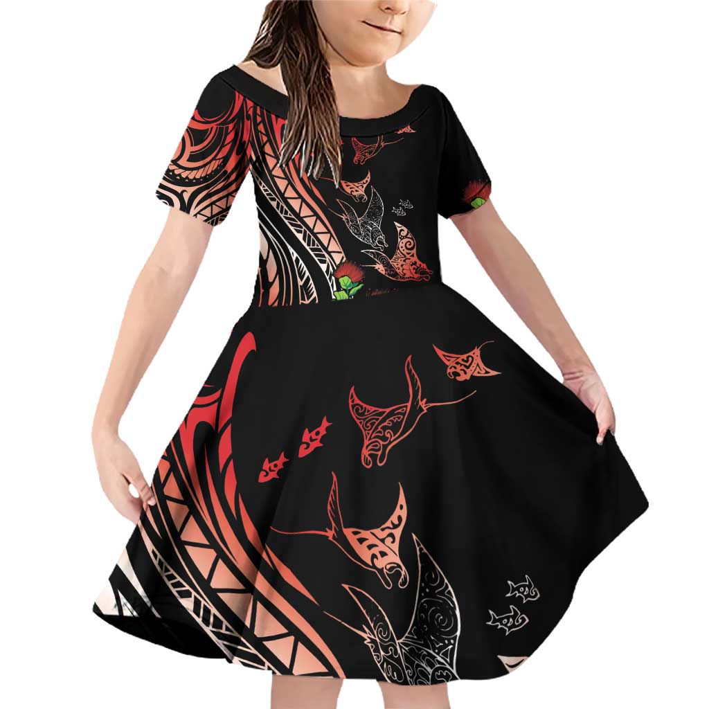 Aloha Hawaii Manta Rays Family Matching Off Shoulder Short Dress and Hawaiian Shirt Red Ohia Lehua LT7 Daughter's Dress Red - Polynesian Pride