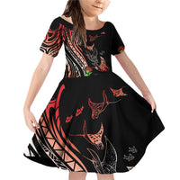 Aloha Hawaii Manta Rays Family Matching Off Shoulder Short Dress and Hawaiian Shirt Red Ohia Lehua LT7 Daughter's Dress Red - Polynesian Pride