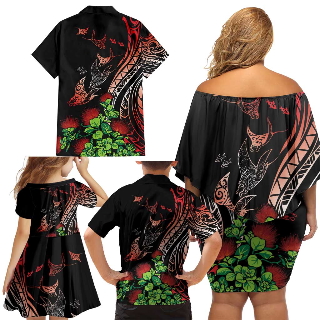 Aloha Hawaii Manta Rays Family Matching Off Shoulder Short Dress and Hawaiian Shirt Red Ohia Lehua LT7 - Polynesian Pride