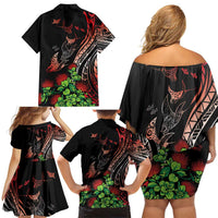 Aloha Hawaii Manta Rays Family Matching Off Shoulder Short Dress and Hawaiian Shirt Red Ohia Lehua LT7 - Polynesian Pride