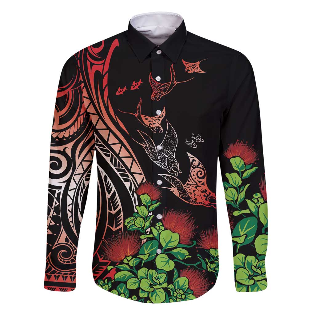Aloha Hawaii Manta Rays Family Matching Off Shoulder Short Dress and Hawaiian Shirt Red Ohia Lehua LT7 Dad's Shirt - Long Sleeve Red - Polynesian Pride