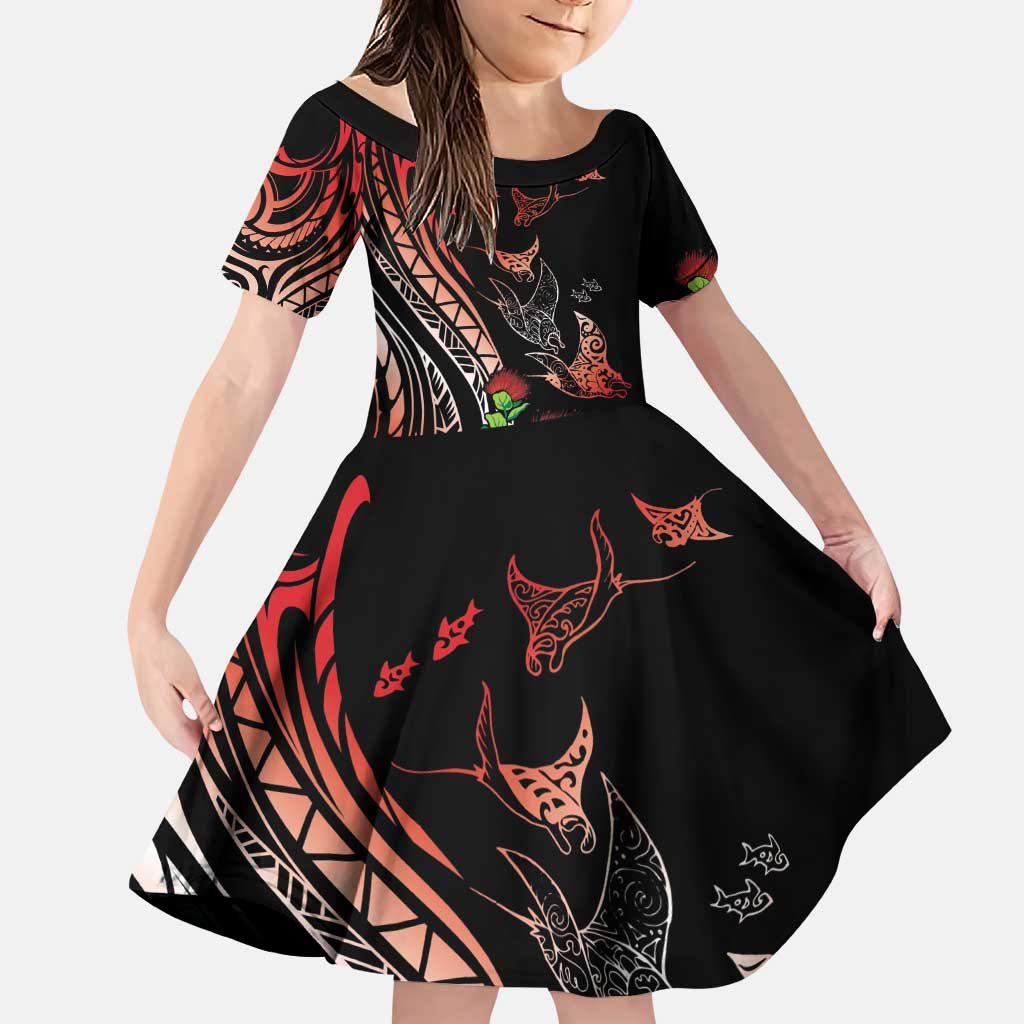 Aloha Hawaii Manta Rays Family Matching Puletasi and Hawaiian Shirt Red Ohia Lehua LT7 Daughter's Dress Red - Polynesian Pride