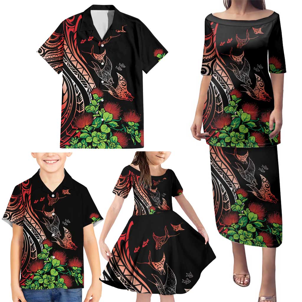 Aloha Hawaii Manta Rays Family Matching Puletasi and Hawaiian Shirt Red Ohia Lehua LT7 - Polynesian Pride