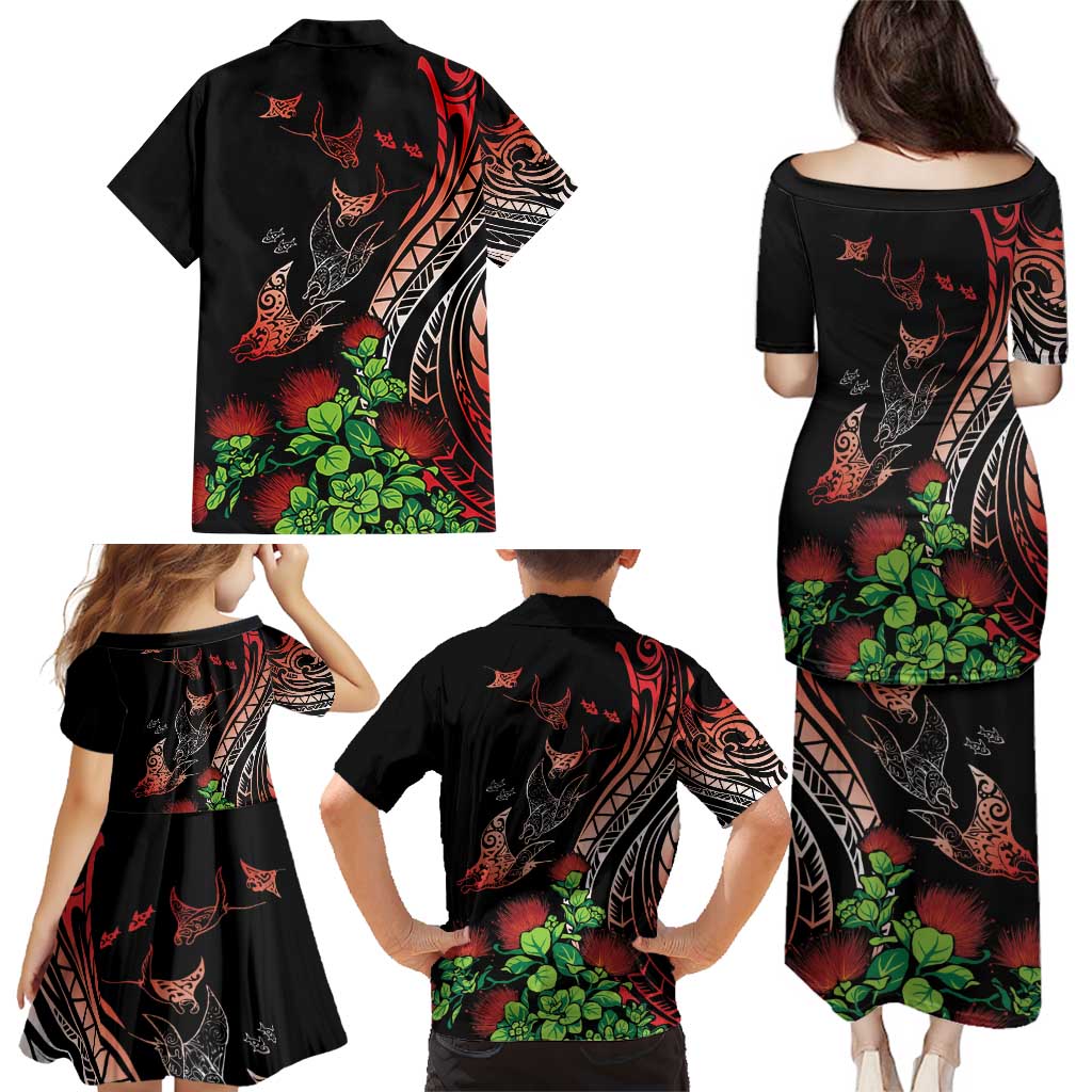 Aloha Hawaii Manta Rays Family Matching Puletasi and Hawaiian Shirt Red Ohia Lehua LT7 - Polynesian Pride