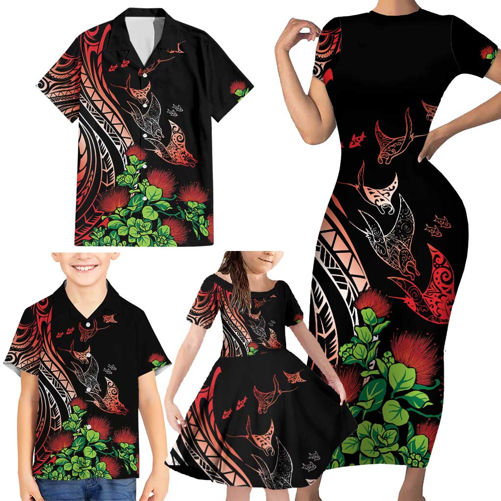 Aloha Hawaii Manta Rays Family Matching Short Sleeve Bodycon Dress and Hawaiian Shirt Red Ohia Lehua LT7 - Polynesian Pride