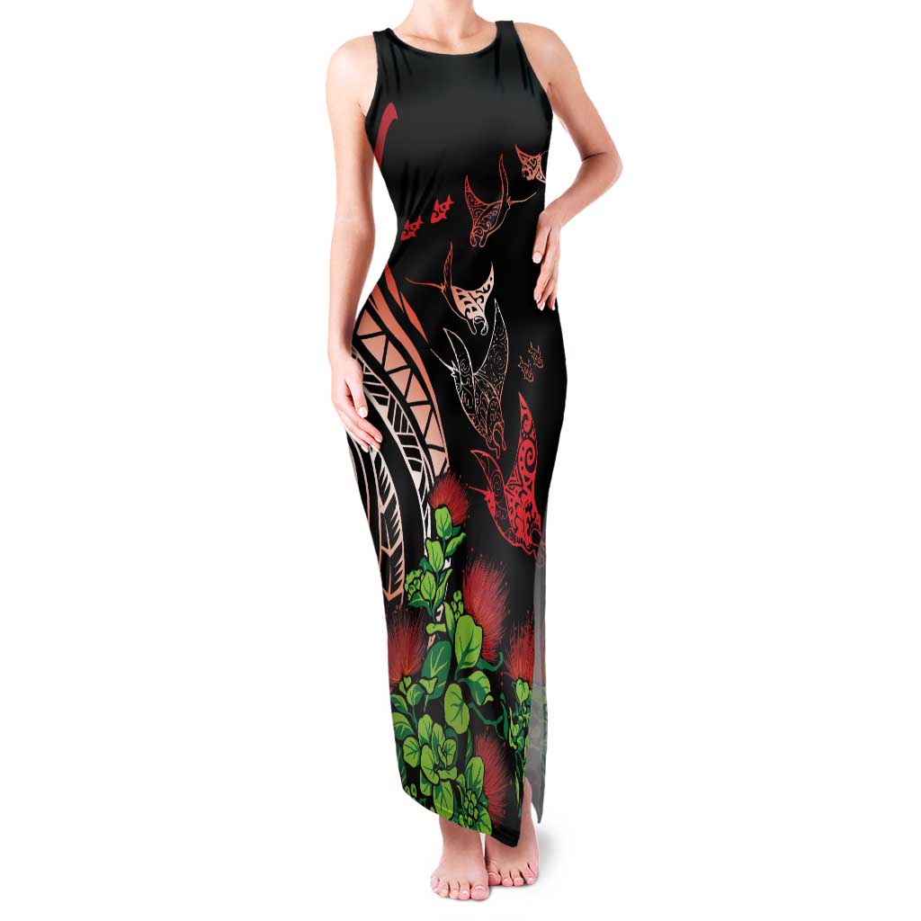 Aloha Hawaii Manta Rays Family Matching Tank Maxi Dress and Hawaiian Shirt Red Ohia Lehua LT7 Mom's Dress Red - Polynesian Pride