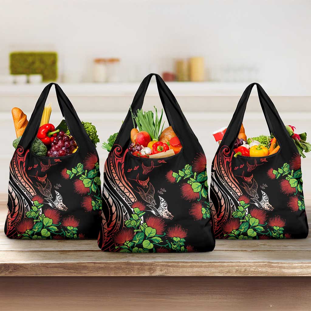 Aloha Hawaii Manta Rays Grocery Bag Red Ohia Lehua LT7 3-pack One Size Red - Polynesian Pride