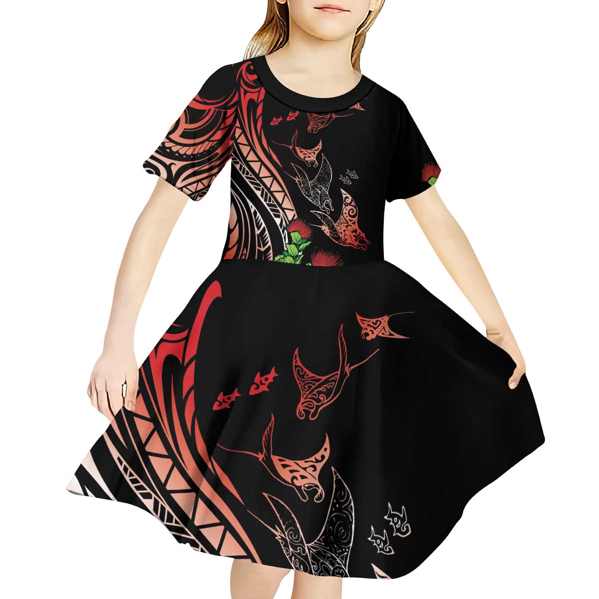 Aloha Hawaii Manta Rays Kid Short Sleeve Dress Red Ohia Lehua