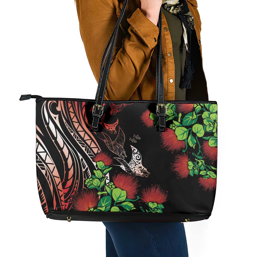 Aloha Hawaii Manta Rays Leather Tote Bag Red Ohia Lehua