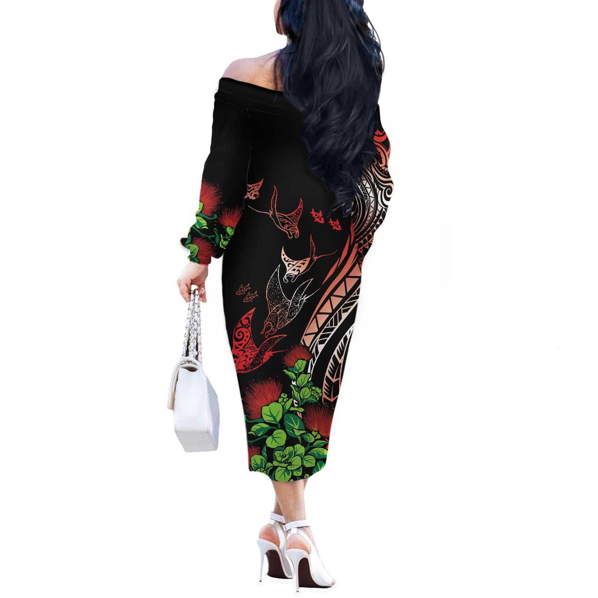 Aloha Hawaii Manta Rays Off The Shoulder Long Sleeve Dress Red Ohia Lehua