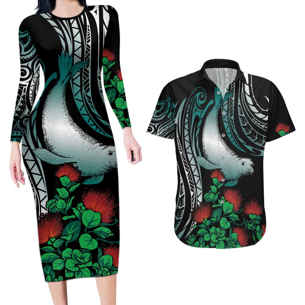 Aloha Hawaii Monk Seal Couples Matching Long Sleeve Bodycon Dress and Hawaiian Shirt Mix Ohia Lehua LT7 Teal - Polynesian Pride