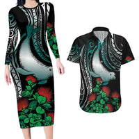 Aloha Hawaii Monk Seal Couples Matching Long Sleeve Bodycon Dress and Hawaiian Shirt Mix Ohia Lehua LT7 Teal - Polynesian Pride