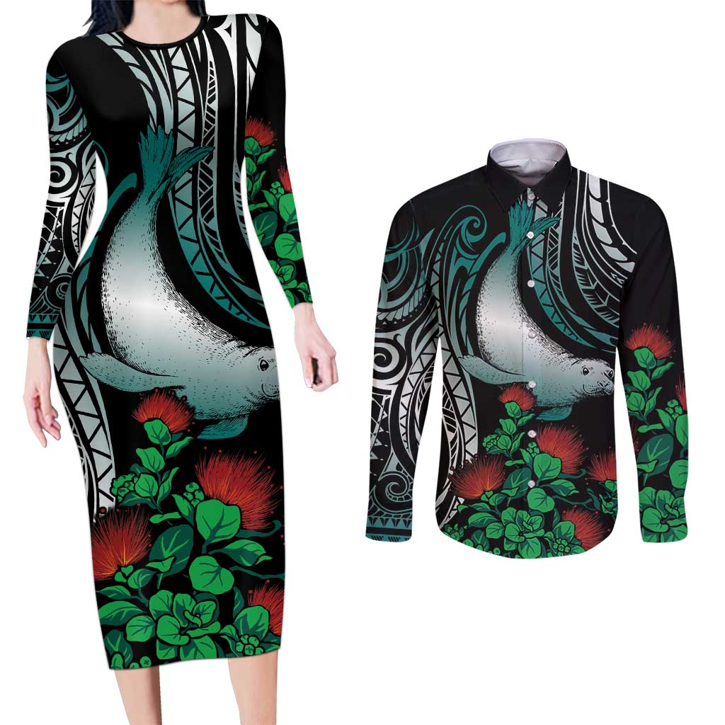 Aloha Hawaii Monk Seal Couples Matching Long Sleeve Bodycon Dress and Long Sleeve Button Shirt Mix Ohia Lehua LT7 Teal - Polynesian Pride