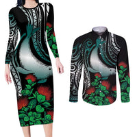 Aloha Hawaii Monk Seal Couples Matching Long Sleeve Bodycon Dress and Long Sleeve Button Shirt Mix Ohia Lehua LT7 Teal - Polynesian Pride