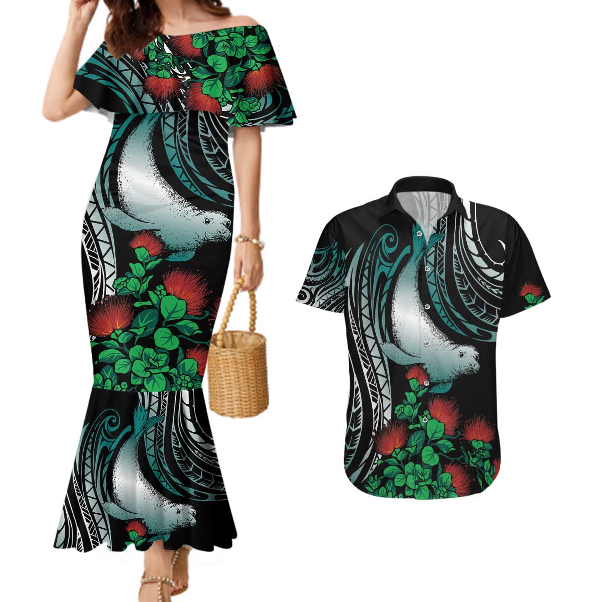Aloha Hawaii Monk Seal Couples Matching Mermaid Dress and Hawaiian Shirt Mix Ohia Lehua LT7 Teal - Polynesian Pride