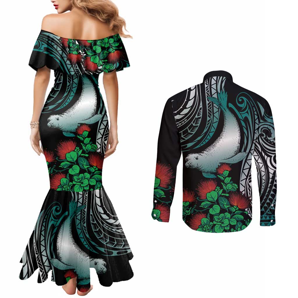 Aloha Hawaii Monk Seal Couples Matching Mermaid Dress and Long Sleeve Button Shirt Mix Ohia Lehua LT7 - Polynesian Pride