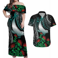Aloha Hawaii Monk Seal Couples Matching Off Shoulder Maxi Dress and Hawaiian Shirt Mix Ohia Lehua LT7 Teal - Polynesian Pride