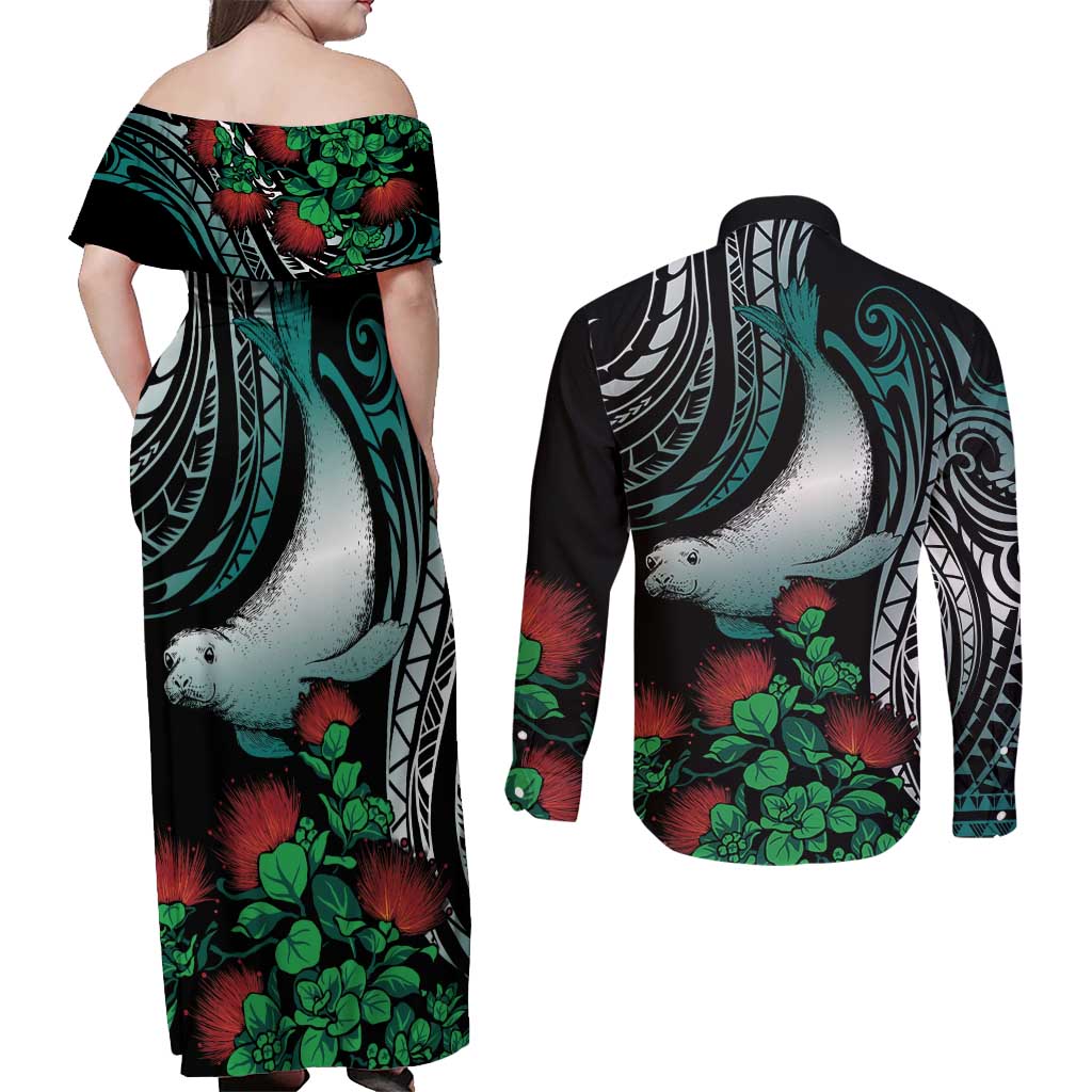 Aloha Hawaii Monk Seal Couples Matching Off Shoulder Maxi Dress and Long Sleeve Button Shirt Mix Ohia Lehua LT7 - Polynesian Pride