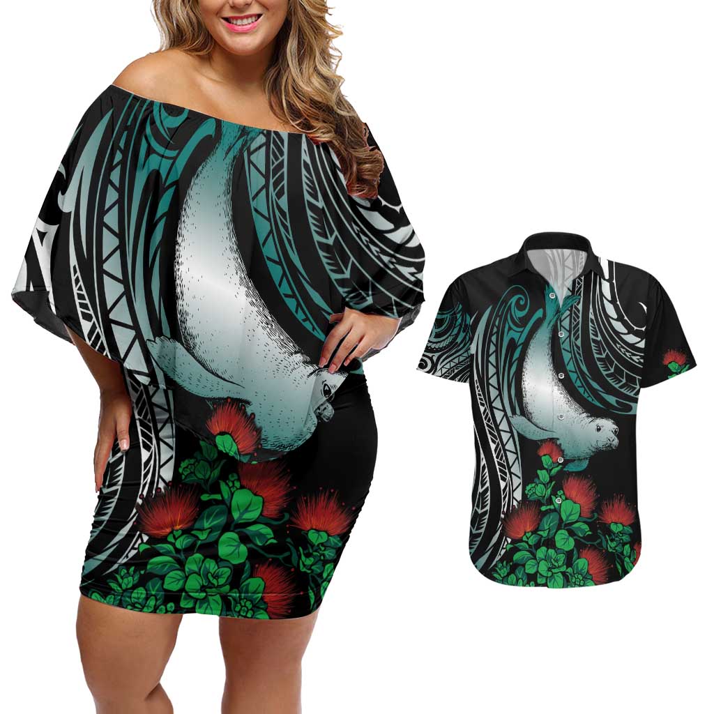 Aloha Hawaii Monk Seal Couples Matching Off Shoulder Short Dress and Hawaiian Shirt Mix Ohia Lehua LT7 Teal - Polynesian Pride