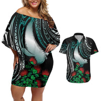 Aloha Hawaii Monk Seal Couples Matching Off Shoulder Short Dress and Hawaiian Shirt Mix Ohia Lehua LT7 Teal - Polynesian Pride
