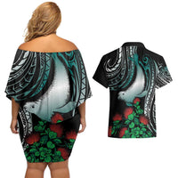 Aloha Hawaii Monk Seal Couples Matching Off Shoulder Short Dress and Hawaiian Shirt Mix Ohia Lehua LT7 - Polynesian Pride
