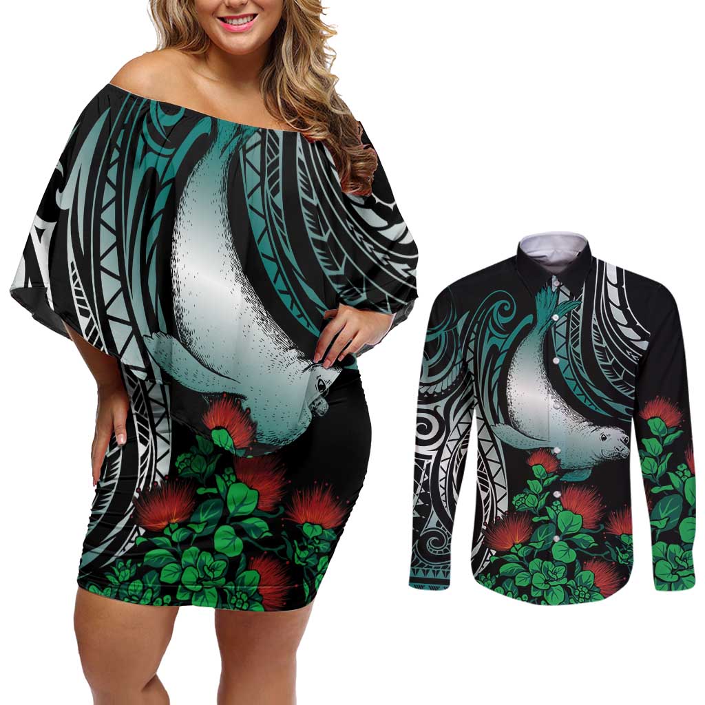 Aloha Hawaii Monk Seal Couples Matching Off Shoulder Short Dress and Long Sleeve Button Shirt Mix Ohia Lehua LT7 Teal - Polynesian Pride