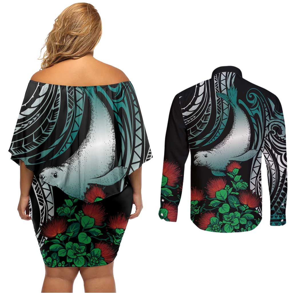 Aloha Hawaii Monk Seal Couples Matching Off Shoulder Short Dress and Long Sleeve Button Shirt Mix Ohia Lehua LT7 - Polynesian Pride