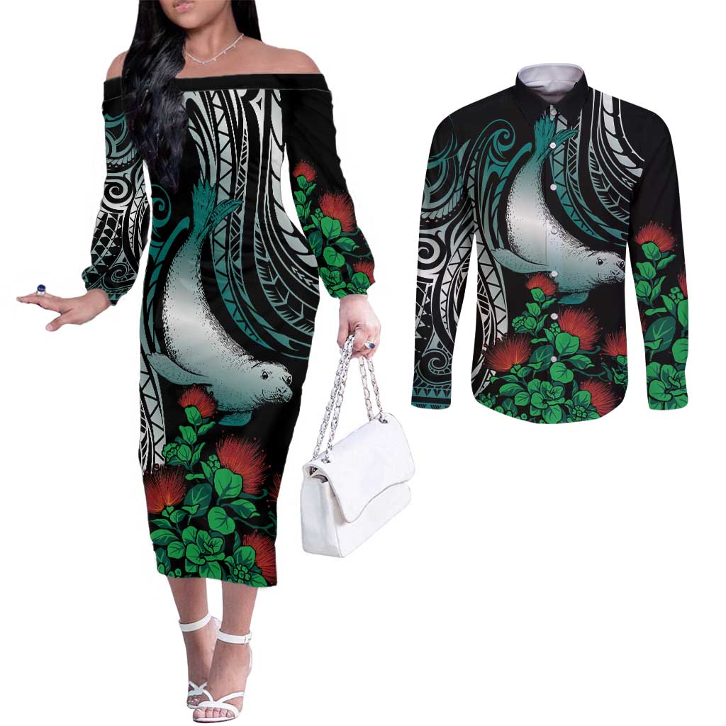 Aloha Hawaii Monk Seal Couples Matching Off The Shoulder Long Sleeve Dress and Long Sleeve Button Shirt Mix Ohia Lehua LT7 Teal - Polynesian Pride