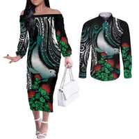 Aloha Hawaii Monk Seal Couples Matching Off The Shoulder Long Sleeve Dress and Long Sleeve Button Shirt Mix Ohia Lehua LT7 Teal - Polynesian Pride