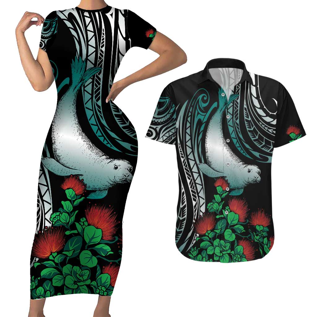 Aloha Hawaii Monk Seal Couples Matching Short Sleeve Bodycon Dress and Hawaiian Shirt Mix Ohia Lehua LT7 Teal - Polynesian Pride