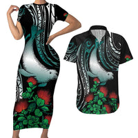Aloha Hawaii Monk Seal Couples Matching Short Sleeve Bodycon Dress and Hawaiian Shirt Mix Ohia Lehua LT7 Teal - Polynesian Pride