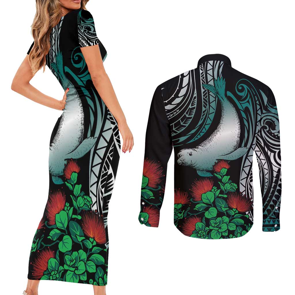Aloha Hawaii Monk Seal Couples Matching Short Sleeve Bodycon Dress and Long Sleeve Button Shirt Mix Ohia Lehua LT7 - Polynesian Pride