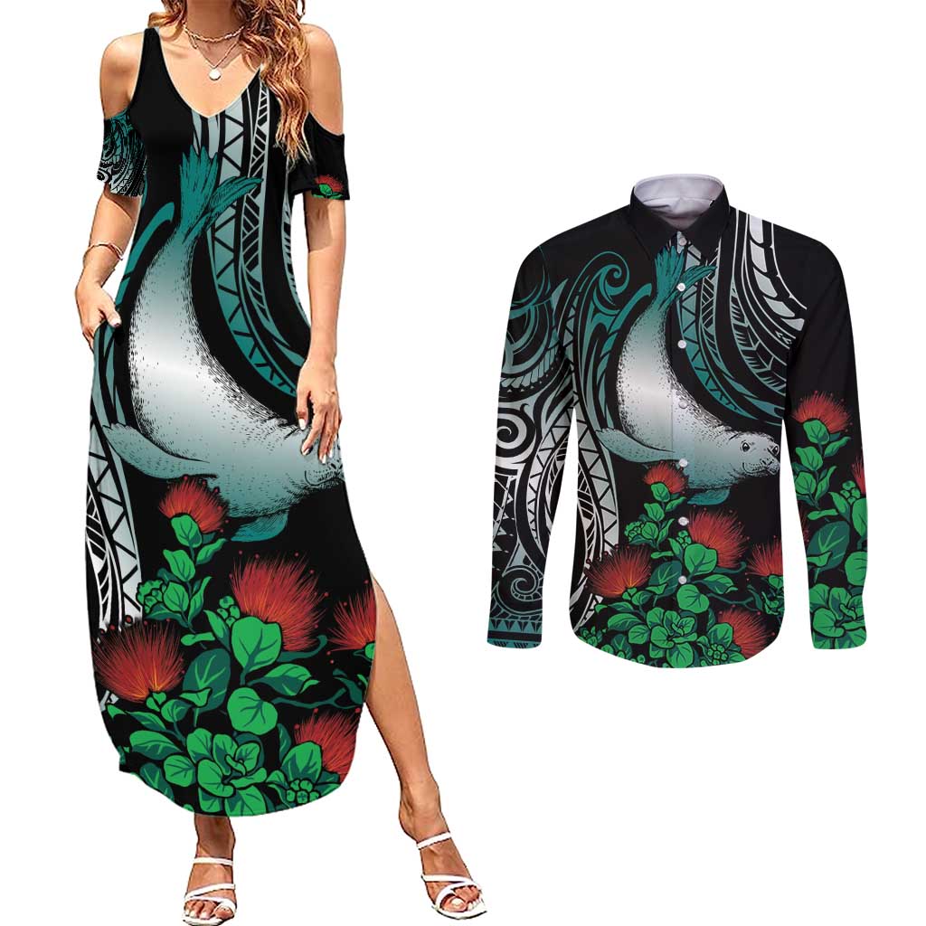 Aloha Hawaii Monk Seal Couples Matching Summer Maxi Dress and Long Sleeve Button Shirt Mix Ohia Lehua LT7 Teal - Polynesian Pride