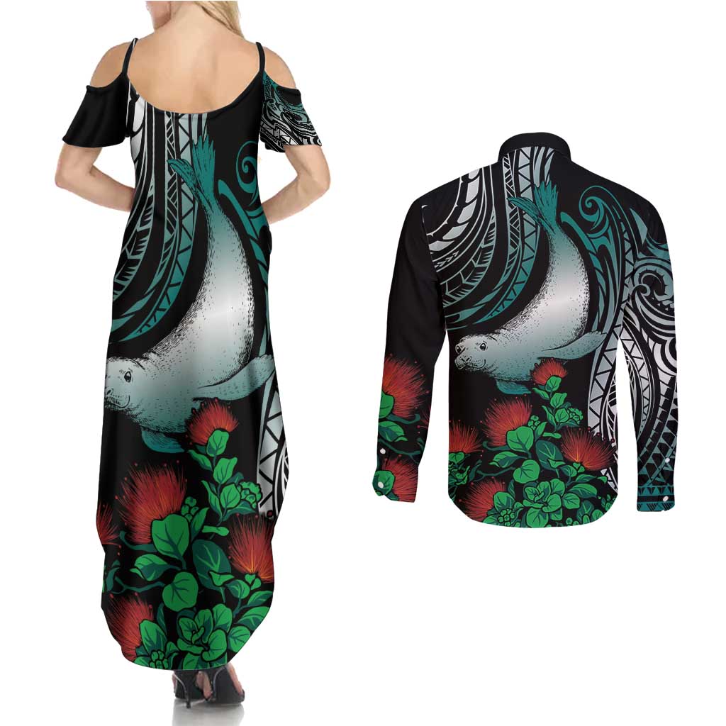 Aloha Hawaii Monk Seal Couples Matching Summer Maxi Dress and Long Sleeve Button Shirt Mix Ohia Lehua LT7 - Polynesian Pride