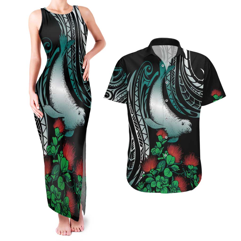 Aloha Hawaii Monk Seal Couples Matching Tank Maxi Dress and Hawaiian Shirt Mix Ohia Lehua LT7 Teal - Polynesian Pride