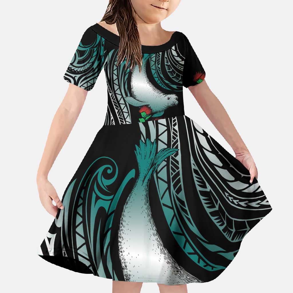 Aloha Hawaii Monk Seal Family Matching Long Sleeve Bodycon Dress and Hawaiian Shirt Mix Ohia Lehua LT7 Daughter's Dress Teal - Polynesian Pride