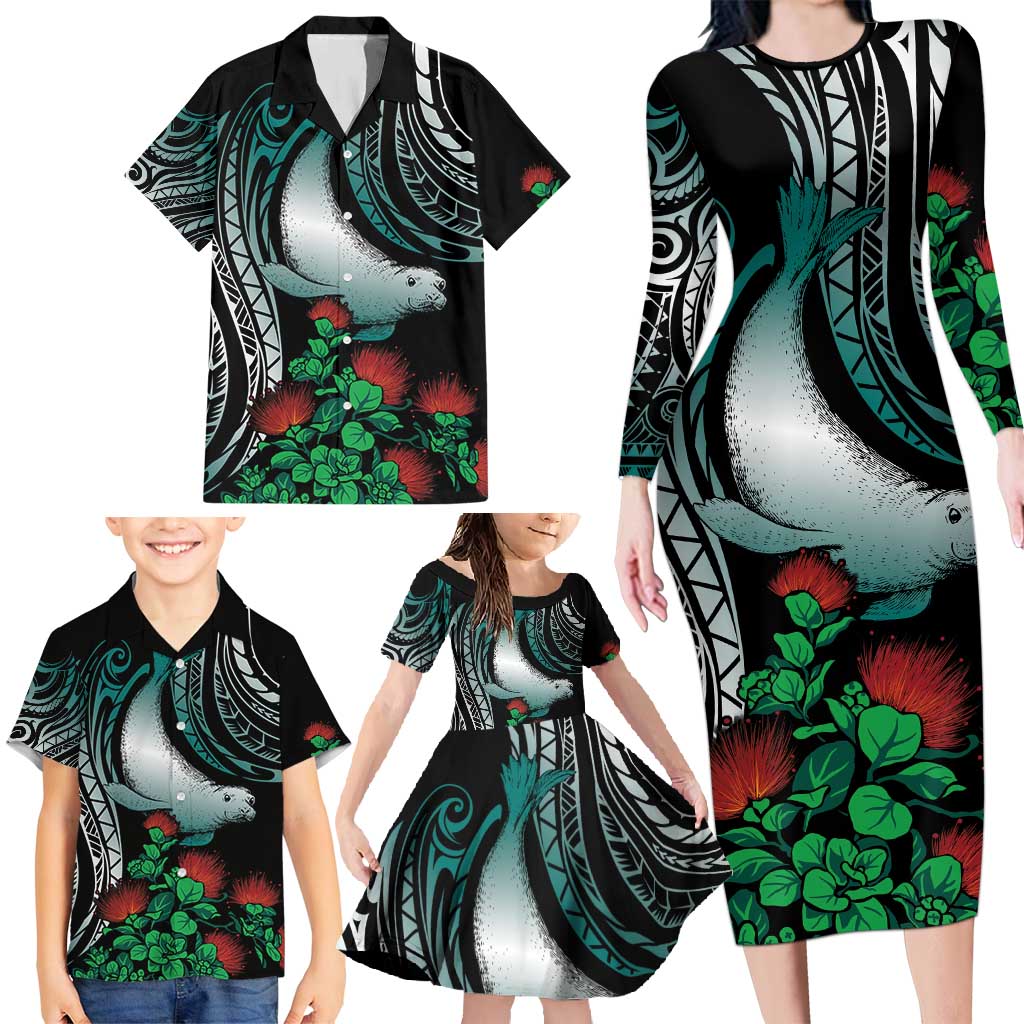 Aloha Hawaii Monk Seal Family Matching Long Sleeve Bodycon Dress and Hawaiian Shirt Mix Ohia Lehua LT7 - Polynesian Pride