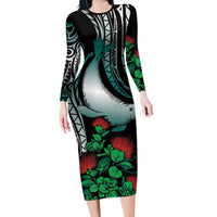 Aloha Hawaii Monk Seal Family Matching Long Sleeve Bodycon Dress and Hawaiian Shirt Mix Ohia Lehua LT7 Mom's Dress Teal - Polynesian Pride