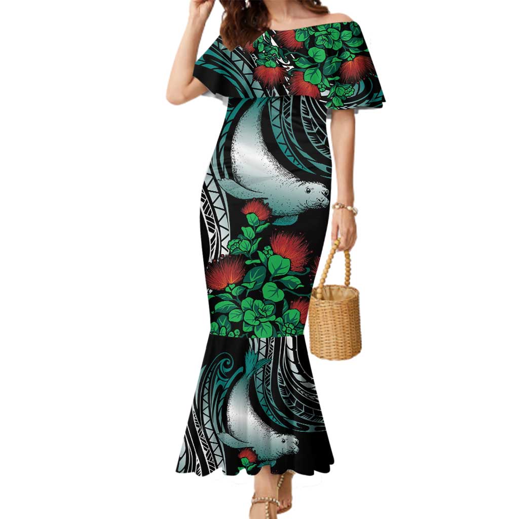 Aloha Hawaii Monk Seal Family Matching Mermaid Dress and Hawaiian Shirt Mix Ohia Lehua LT7 Mom's Dress Teal - Polynesian Pride