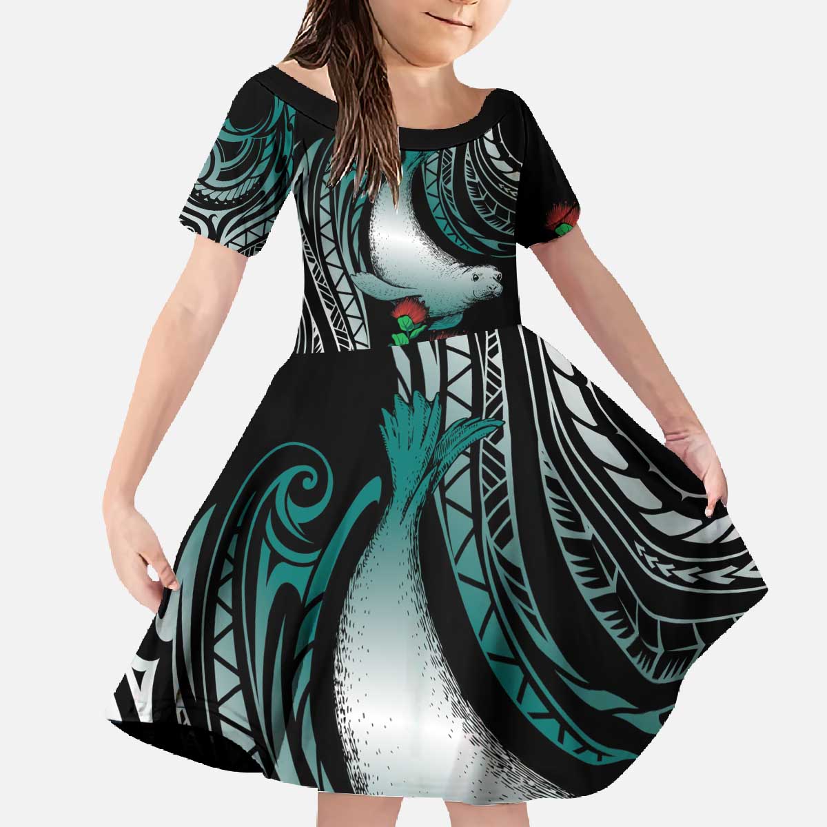 Aloha Hawaii Monk Seal Family Matching Off The Shoulder Long Sleeve Dress and Hawaiian Shirt Mix Ohia Lehua LT7 Daughter's Dress Teal - Polynesian Pride