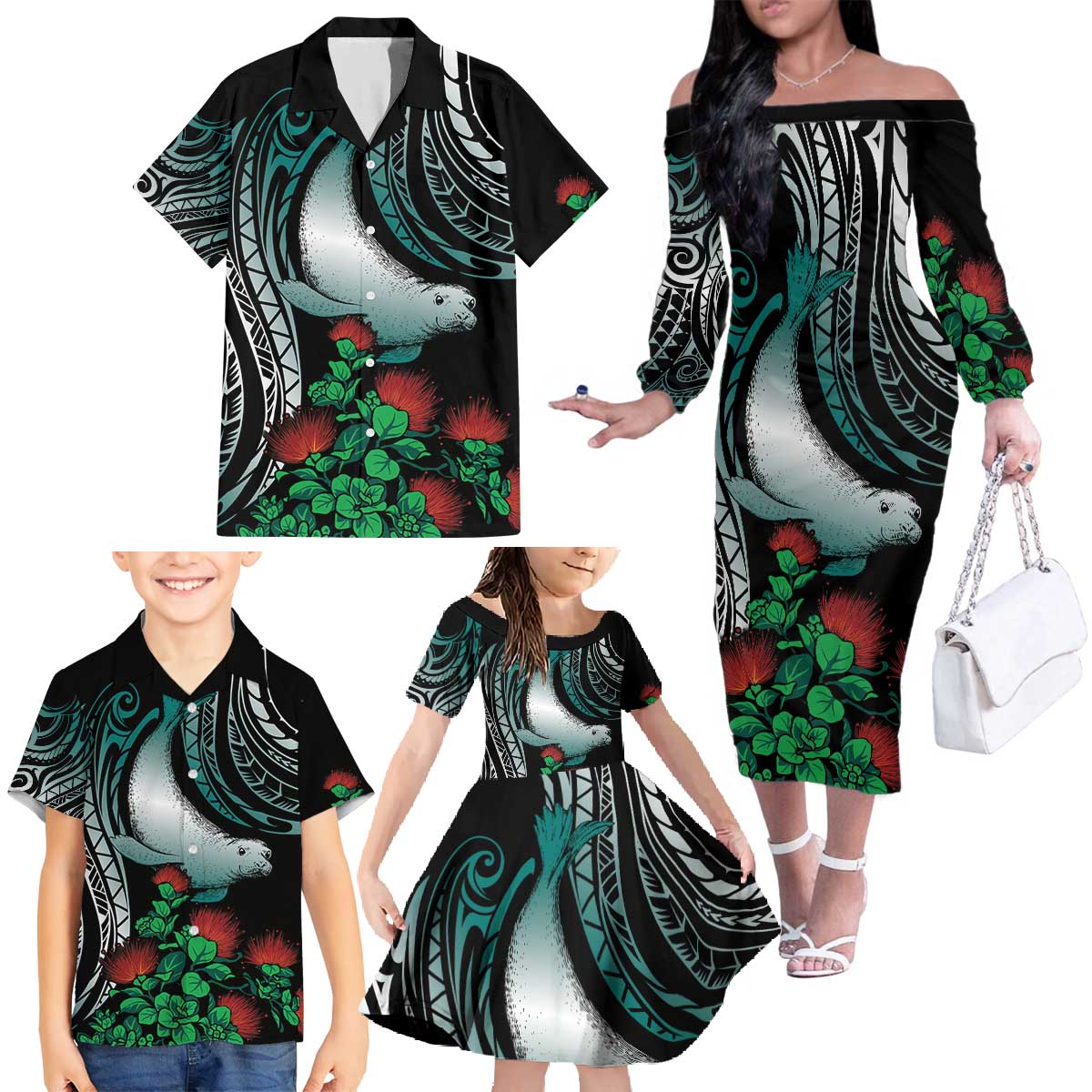Aloha Hawaii Monk Seal Family Matching Off The Shoulder Long Sleeve Dress and Hawaiian Shirt Mix Ohia Lehua LT7 - Polynesian Pride