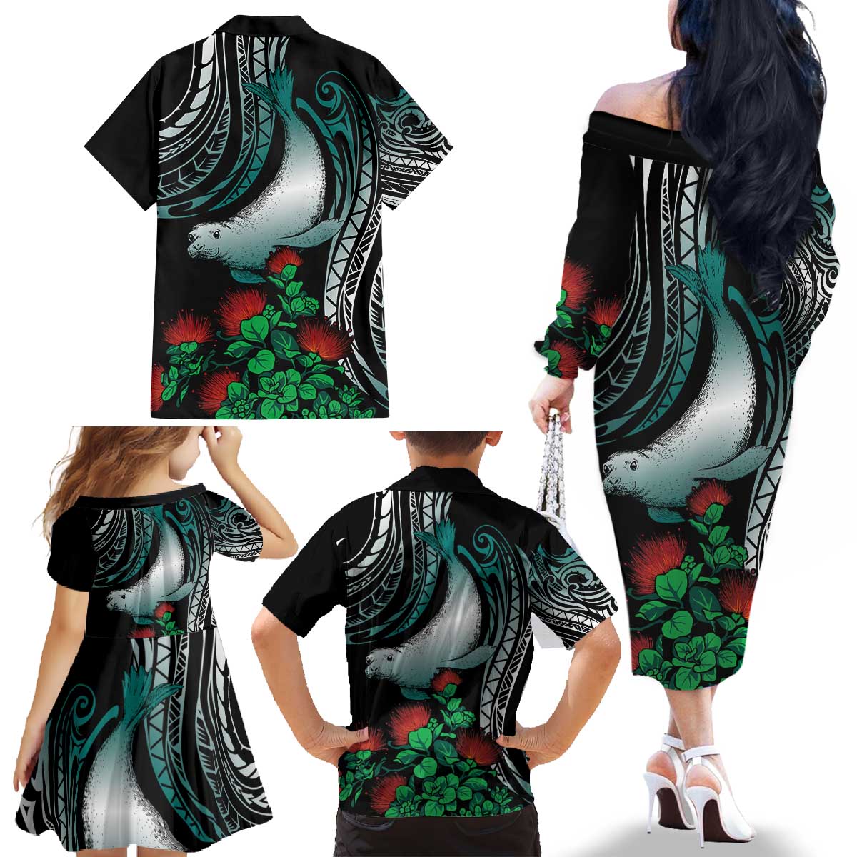 Aloha Hawaii Monk Seal Family Matching Off The Shoulder Long Sleeve Dress and Hawaiian Shirt Mix Ohia Lehua LT7 - Polynesian Pride