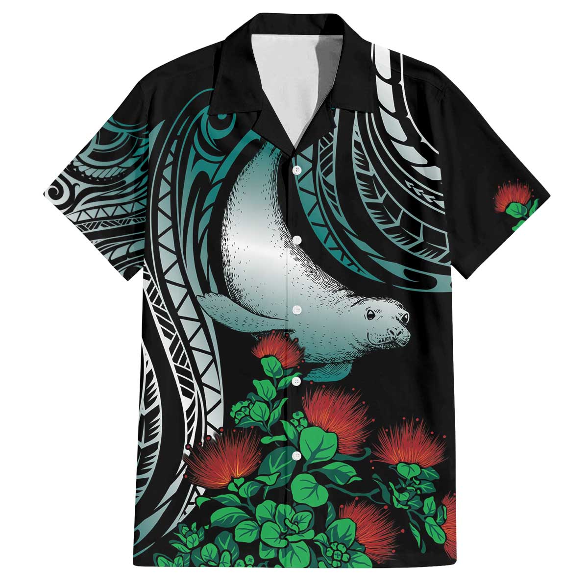 Aloha Hawaii Monk Seal Family Matching Off The Shoulder Long Sleeve Dress and Hawaiian Shirt Mix Ohia Lehua LT7 Dad's Shirt - Short Sleeve Teal - Polynesian Pride